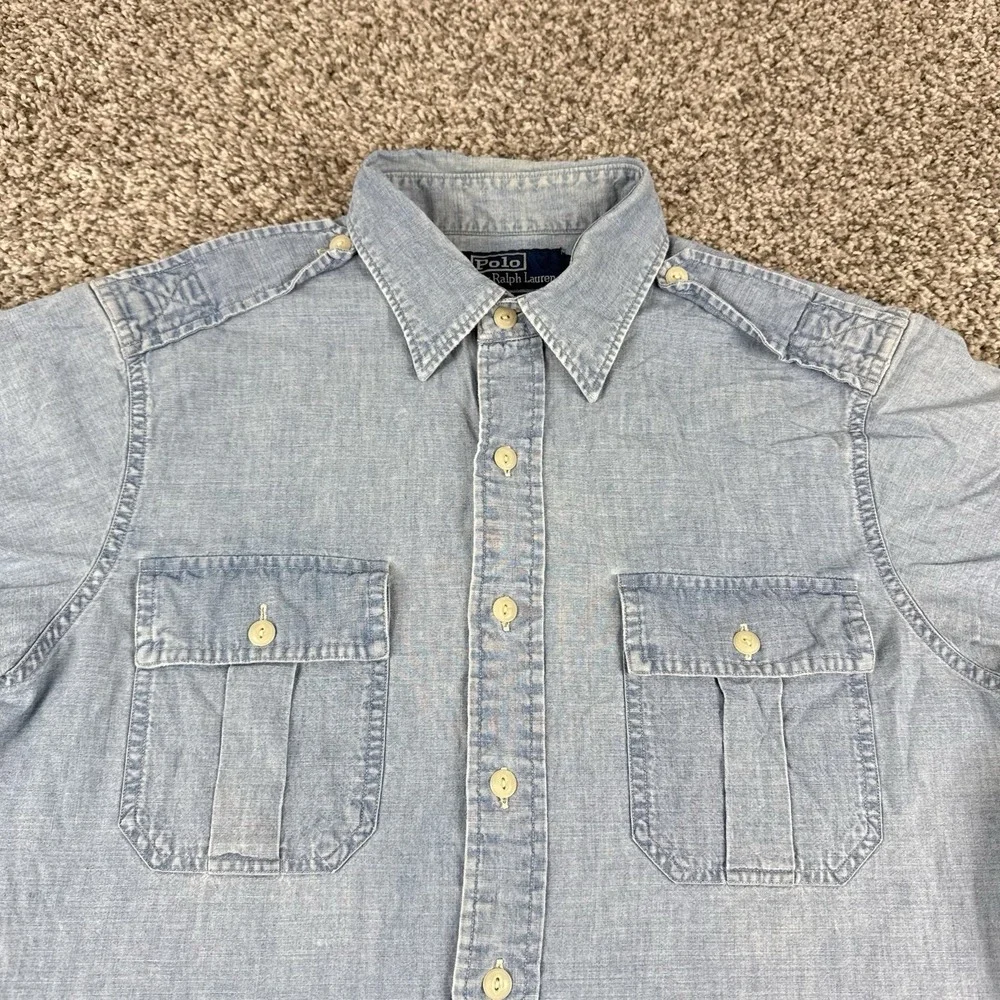 Polo Ralph Lauren Chambray Shirt Mens Medium Blue Epaulets Utility Safari SS